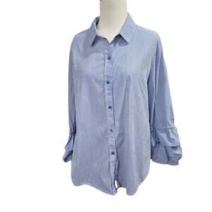 Anthropologie Sanctuary Small Button up top  Blue Striped Ruffle Sleeves